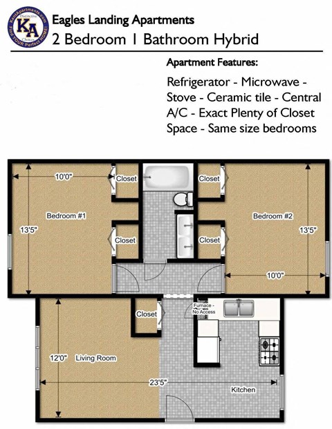 Floor plan for 2 beds, 1 bath, 730 sqft